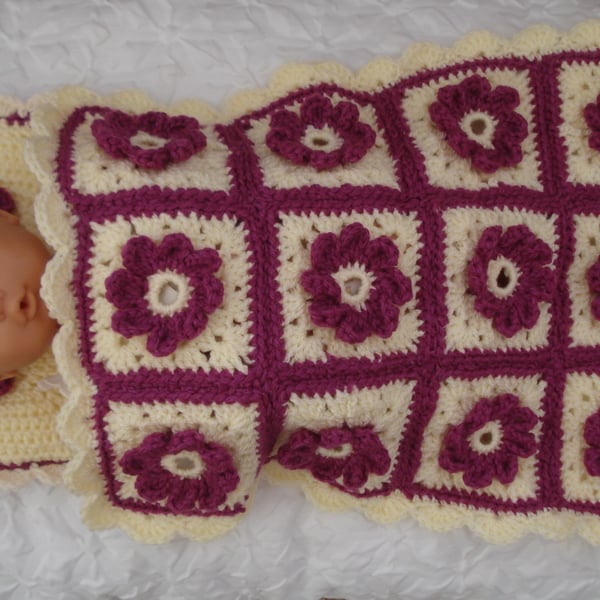 Granny Square Crochet Dolls Blanket And Pillow Set Cream And Pink