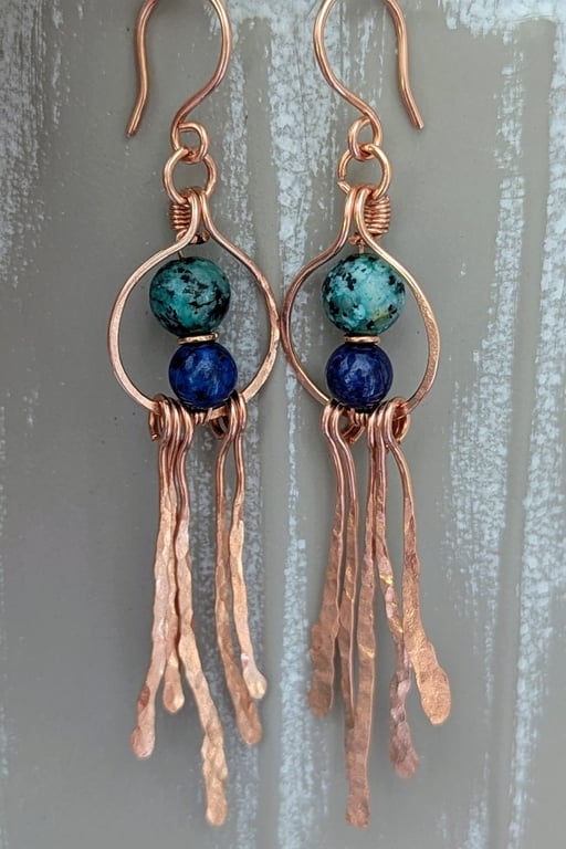 Handcrafted Copper Dangle Earrings with Lapis Lazuli & African Turquoise Jasper