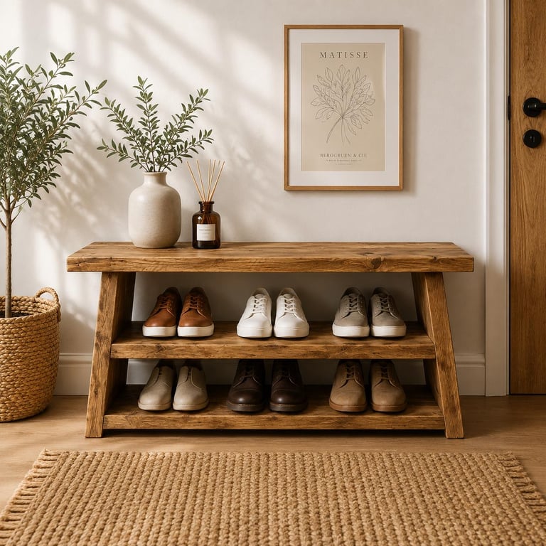 Handmade Rustic Wooden Shoe Rack Bench: Chunky 2-Tier Farmhouse Organizer Seat