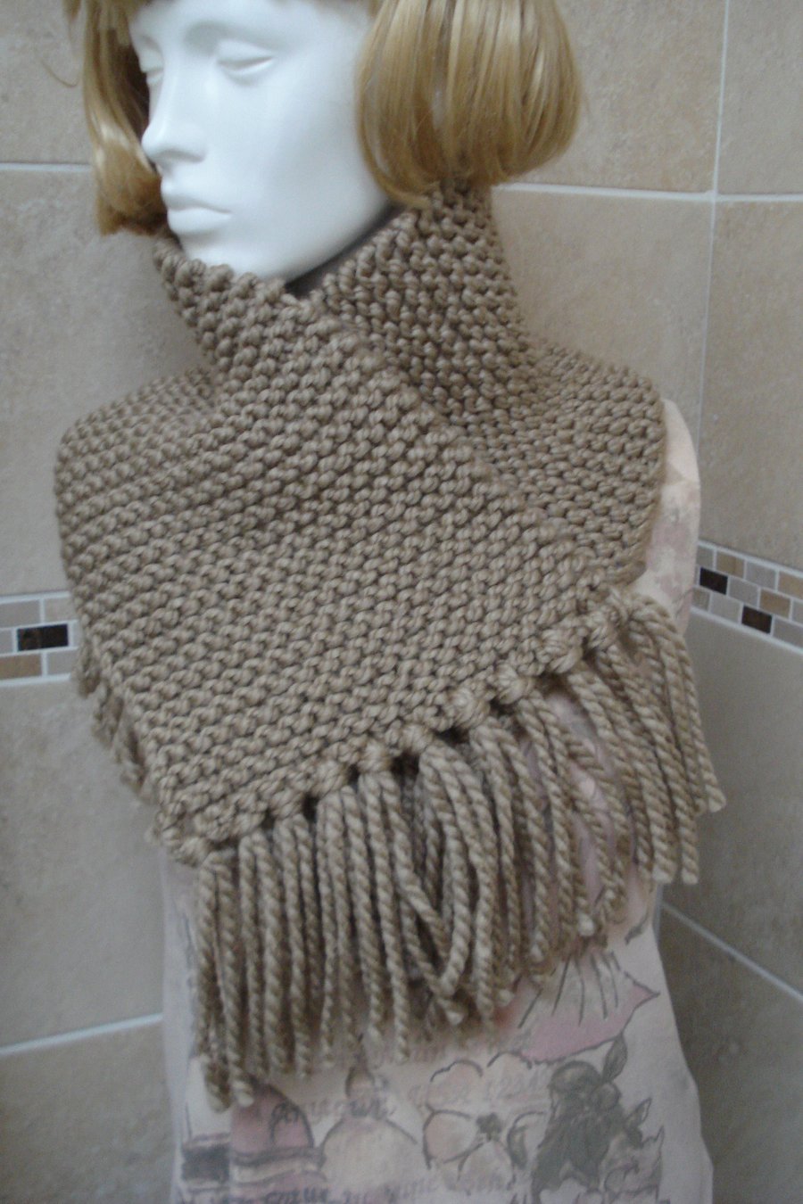 Super Chunky Wool And Acrylic Hand Knitted Camel Coloured Scarf (A27)