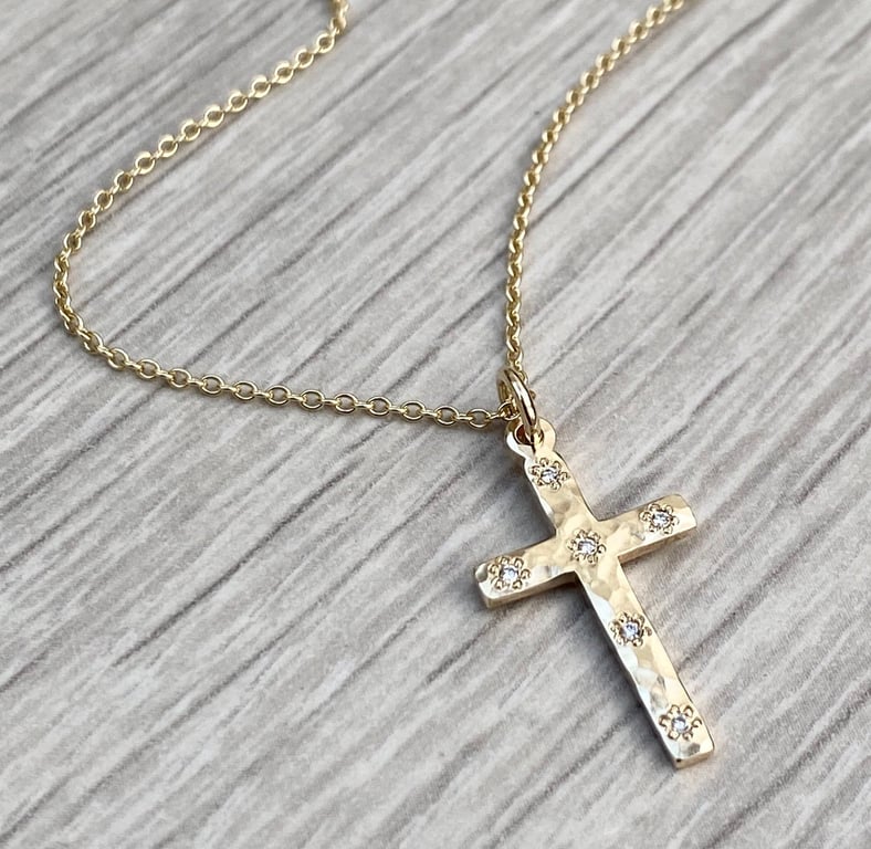 Handmade 9ct yellow gold floral set diamond hammered cross pendant and chain