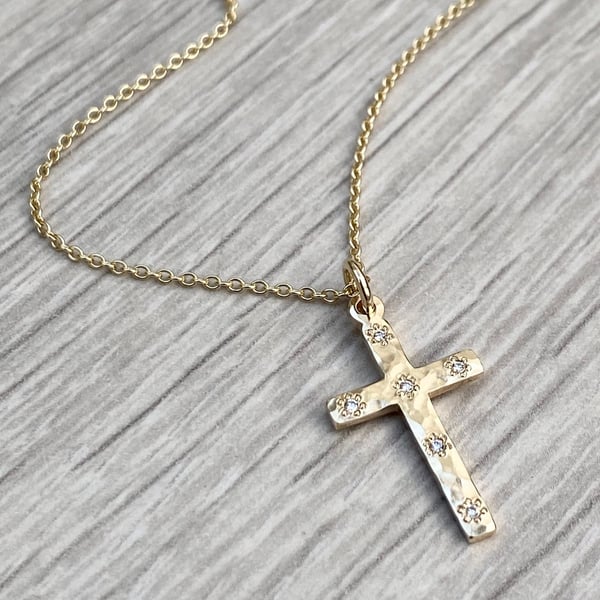 Handmade 9ct yellow gold floral set diamond hammered cross pendant and chain