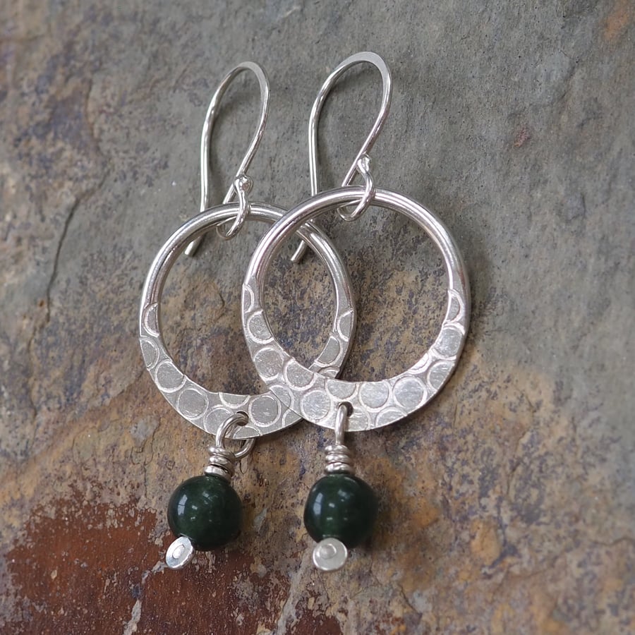 Silver Hoop Earrings, Gift for Her, Green Moss Agate, Hoop Drop Earrings.