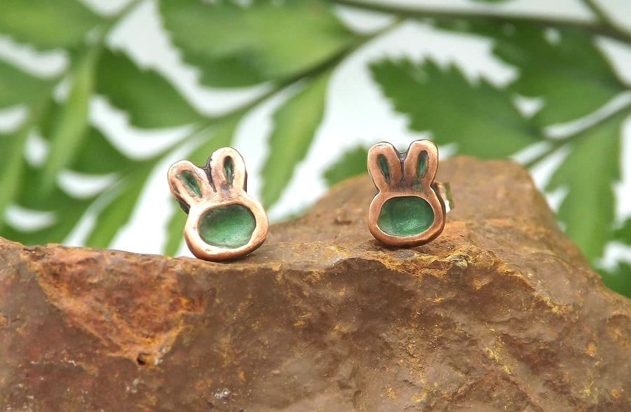 Recycled Copper Bunny Rabbit Head Stud Earrings.