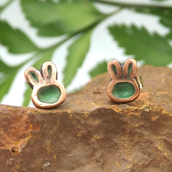 Recycled Copper Bunny Rabbit Head Stud Earrings.