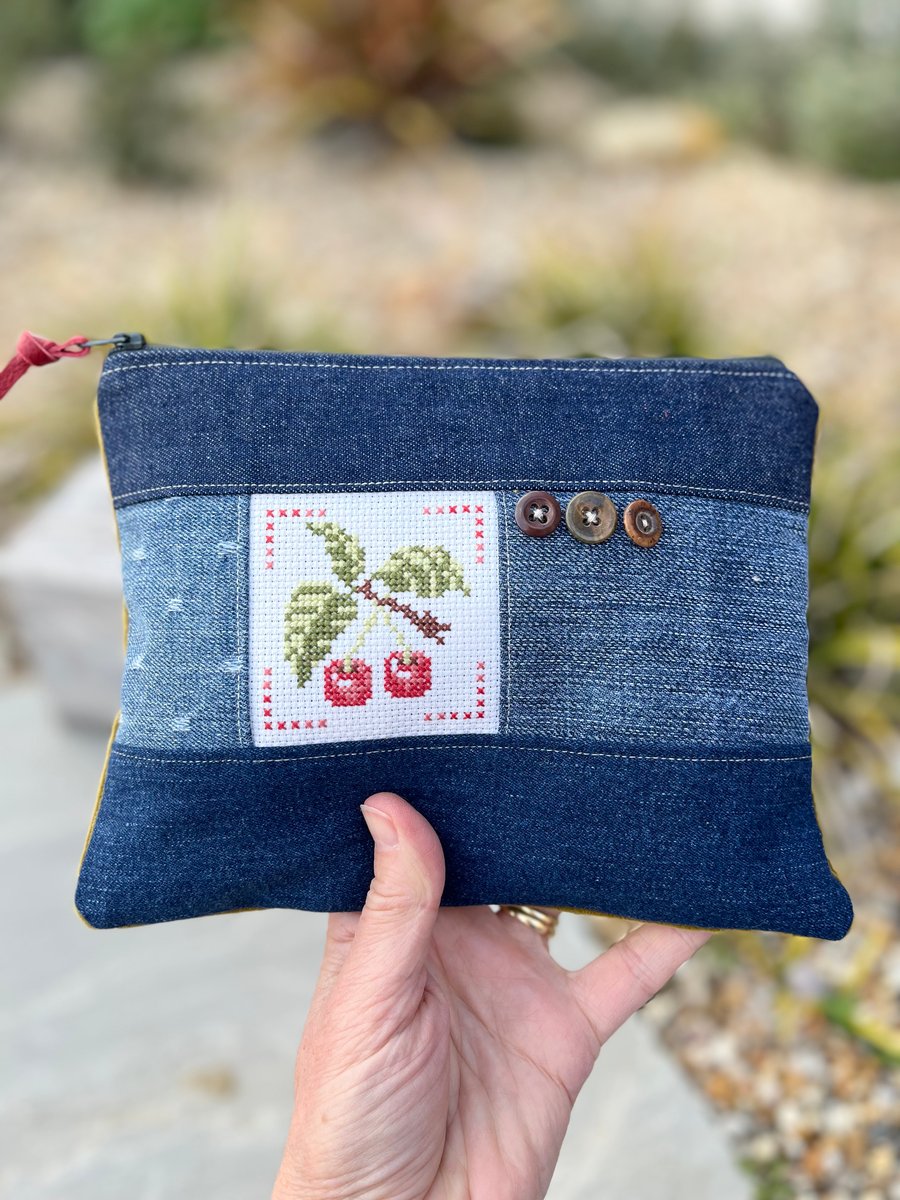 Cherry cross stitch velvet and denim pouch