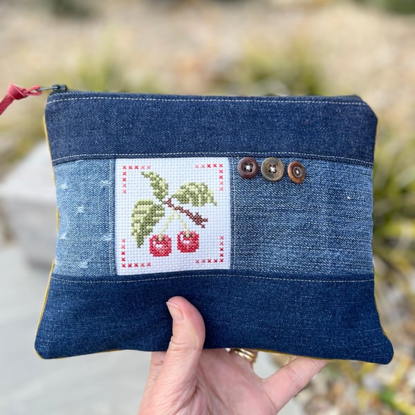 Cherry cross stitch velvet and denim pouch