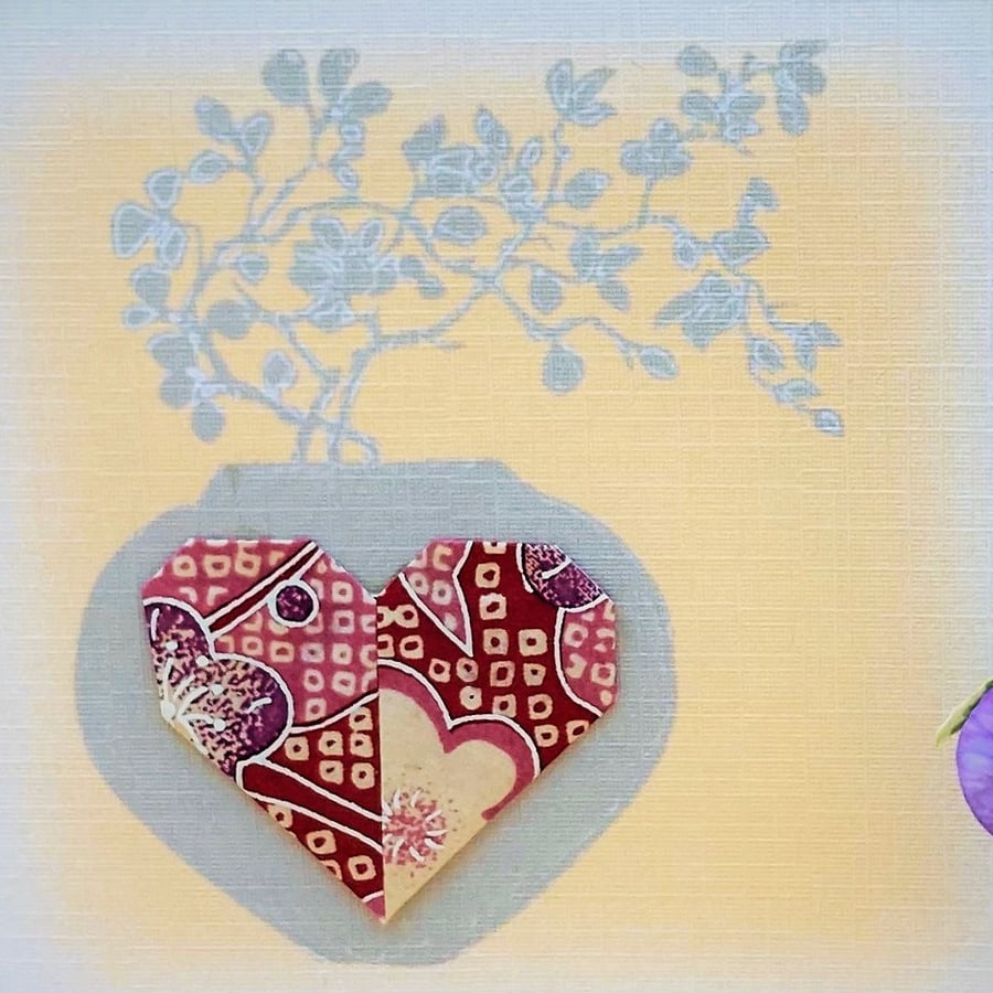 Valentines Day Greetings Card, handmade Origami heart on original print.