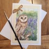 Hand painted greeting card of owl and bluebells 