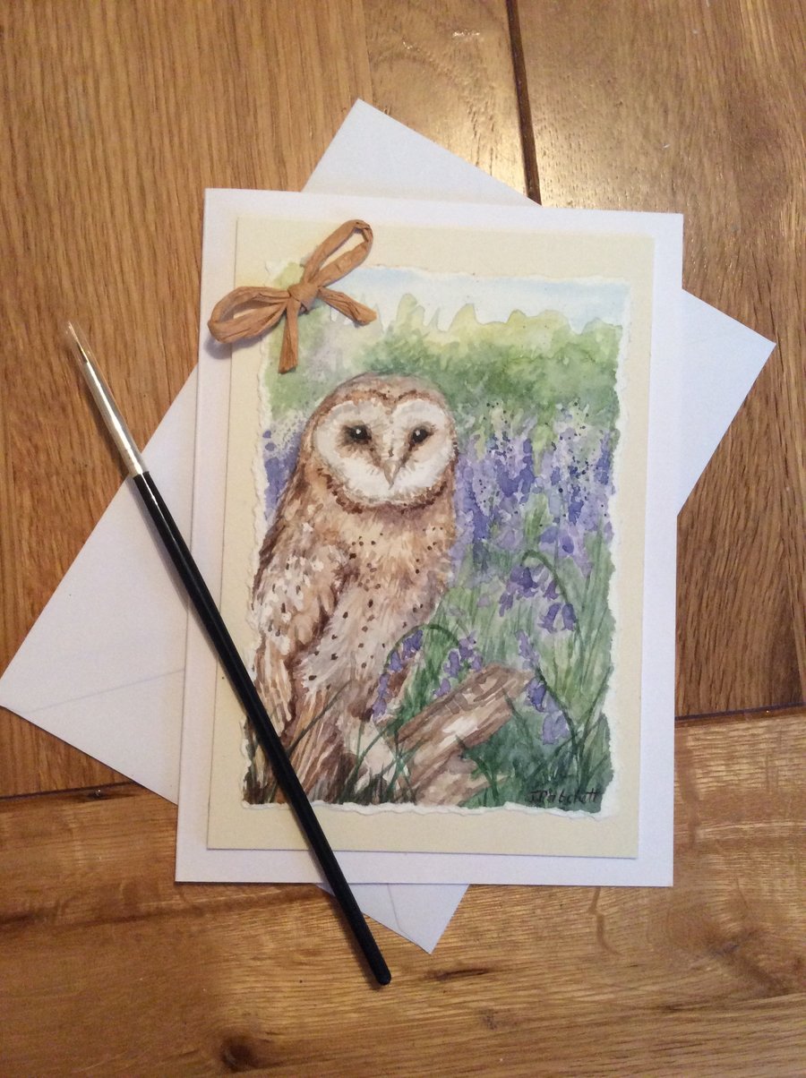 Hand painted greeting card of owl and bluebells 