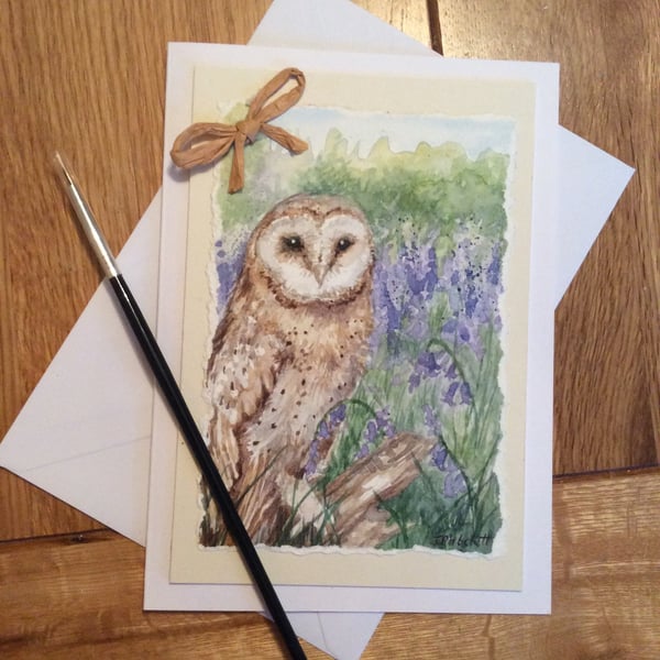 Hand painted greeting card of owl and bluebells 