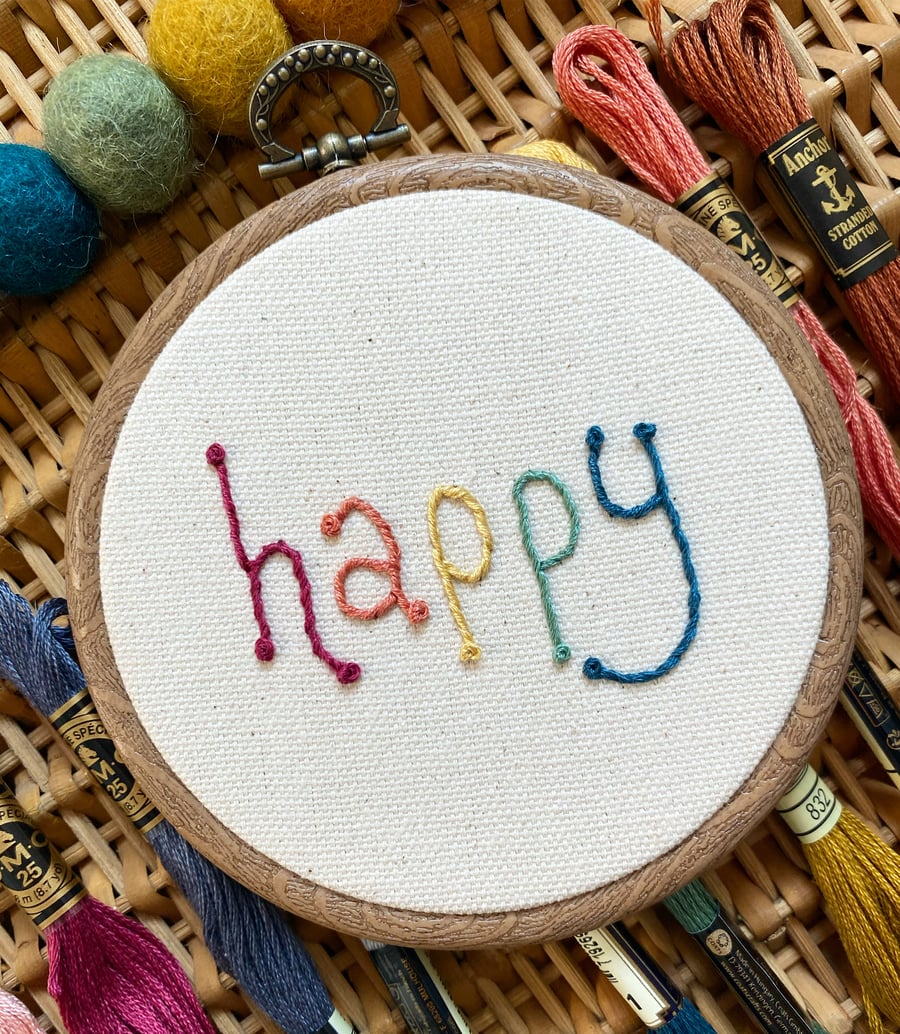 Happy Embroidery Hoop Art