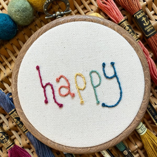 Happy Embroidery Hoop Art