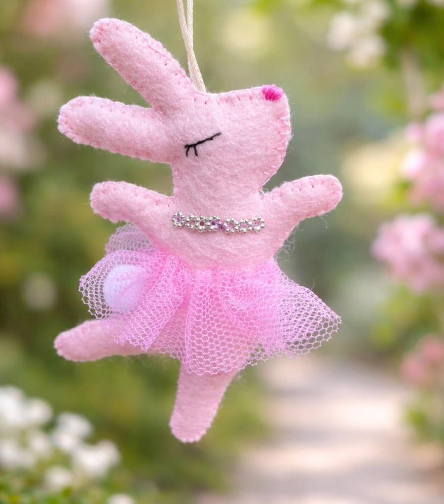 Pink Felt Ballerina Bunny Hanging Decoration - Handcut and Handmade  
