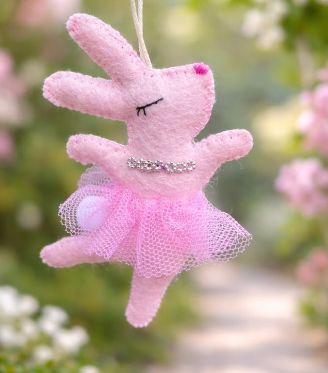 Pink Felt Ballerina Bunny Hanging Decoration - Handcut and Handmade  
