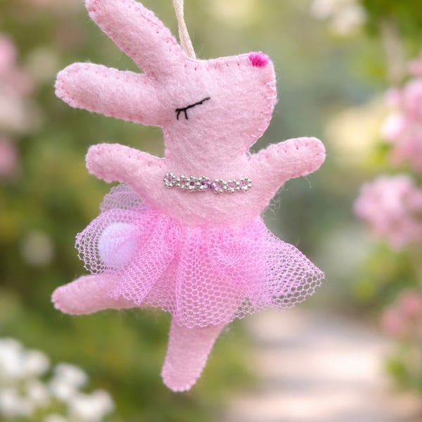 Pink Felt Ballerina Bunny Hanging Decoration - Handcut and Handmade  