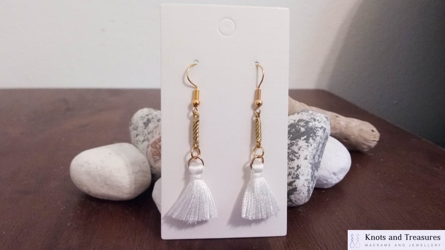 Gold and White Tassel Earrings