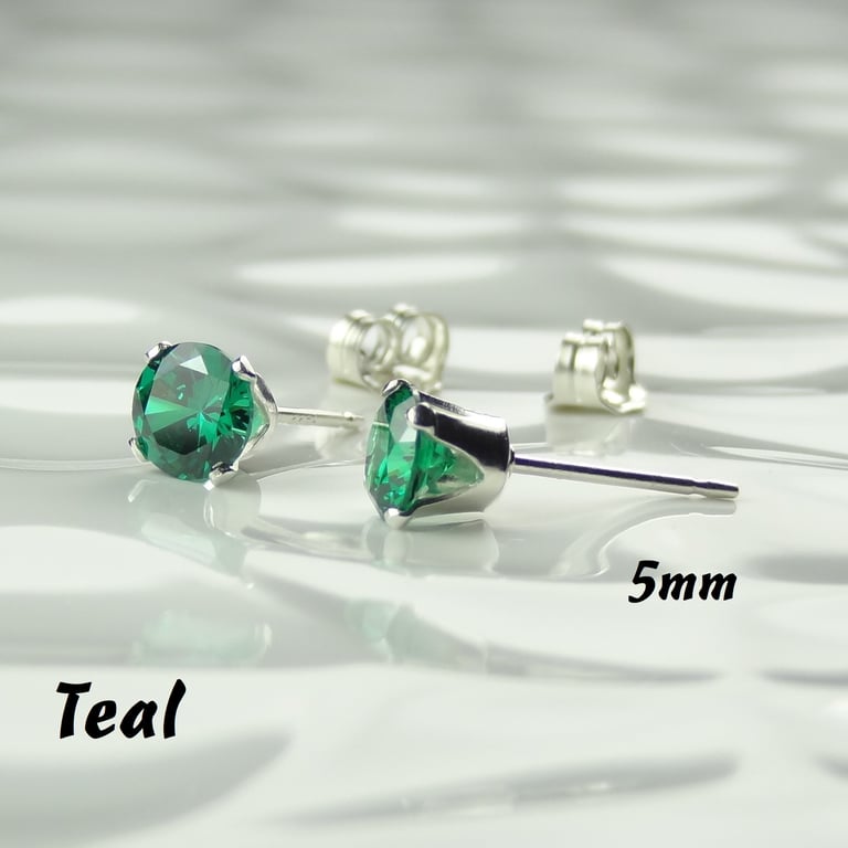 Cubic Zirconia stud earrings, sterling silver or 14k gold filled, teal, 5mm