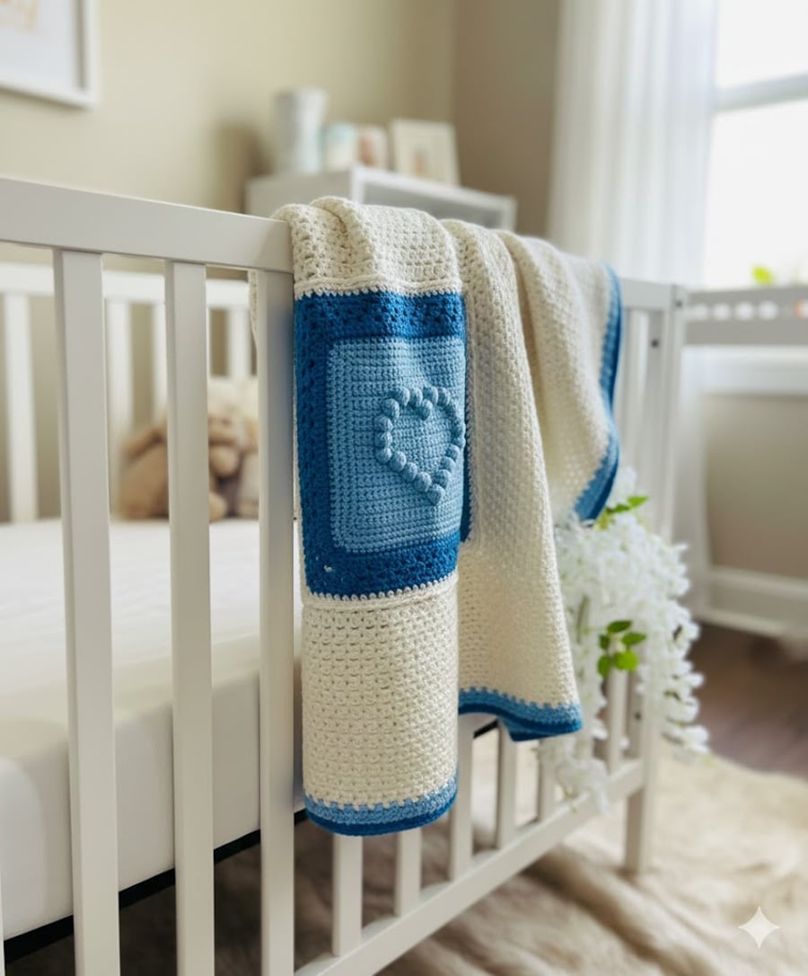 Handmade Crochet Baby Blanket Blue White Heart Bobble Stitch Nursery Crib Gift