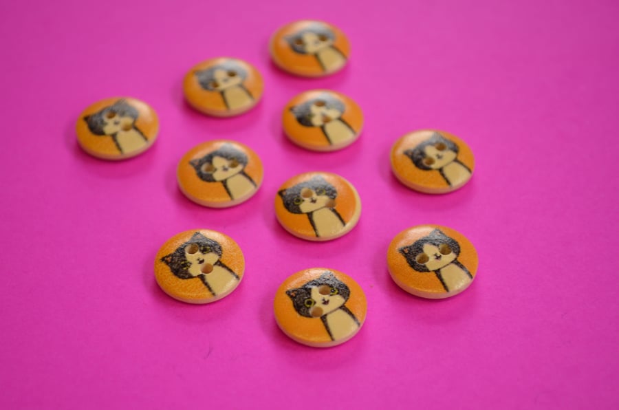 15mm Wooden Cat Buttons Yellow Black White 10pk Pussy Kitten Kitty (SCT6)