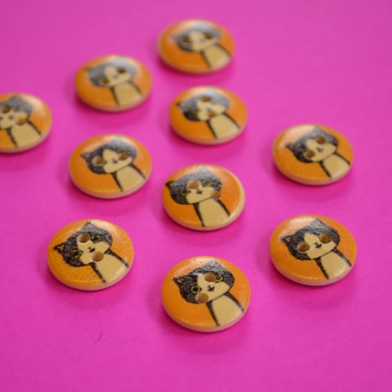 15mm Wooden Cat Buttons Yellow Black White 10pk Pussy Kitten Kitty (SCT6)