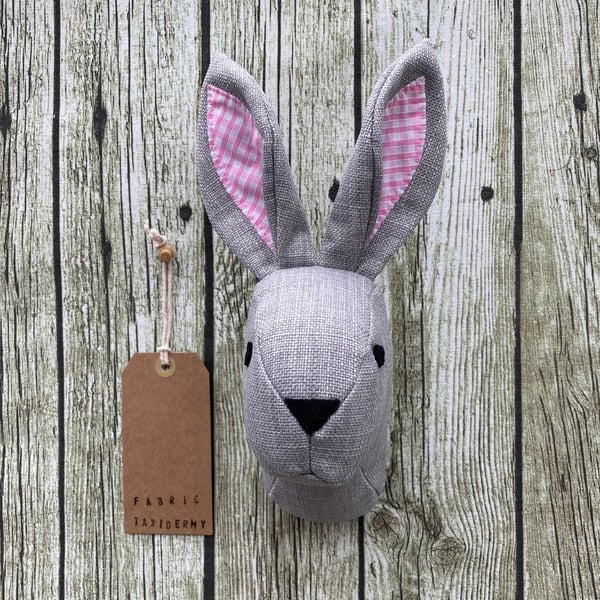 Wall mounted Rabbit head - Grey with pink ears.