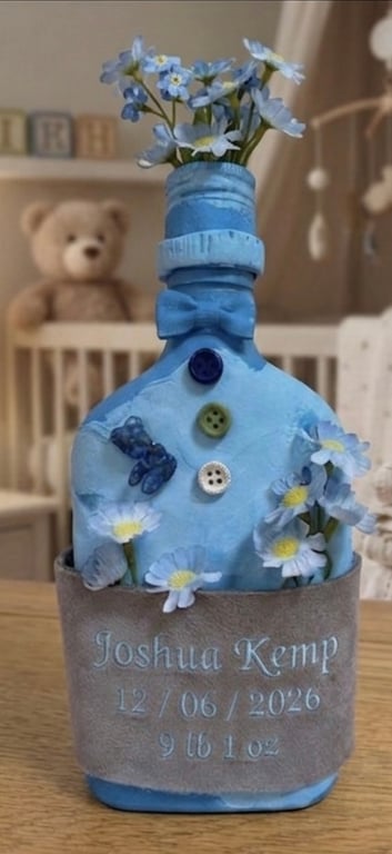 Personalised New Baby Keepsake Gift  Hand Sculpted Floral Art Bottle Custom Bir