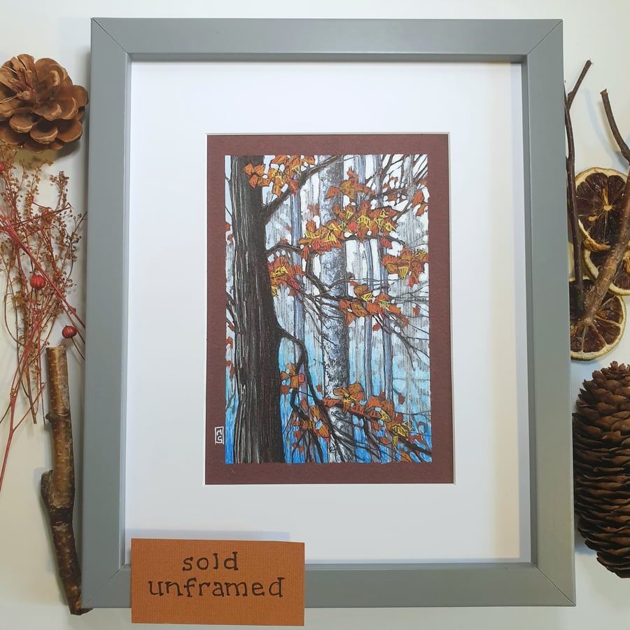 Autumn Branches small landscape artwork, original trees drawing, wall art