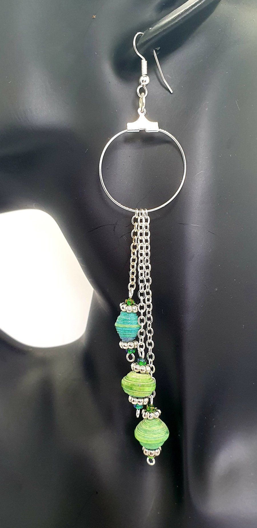 Dangling blue-green paper beaded earrings