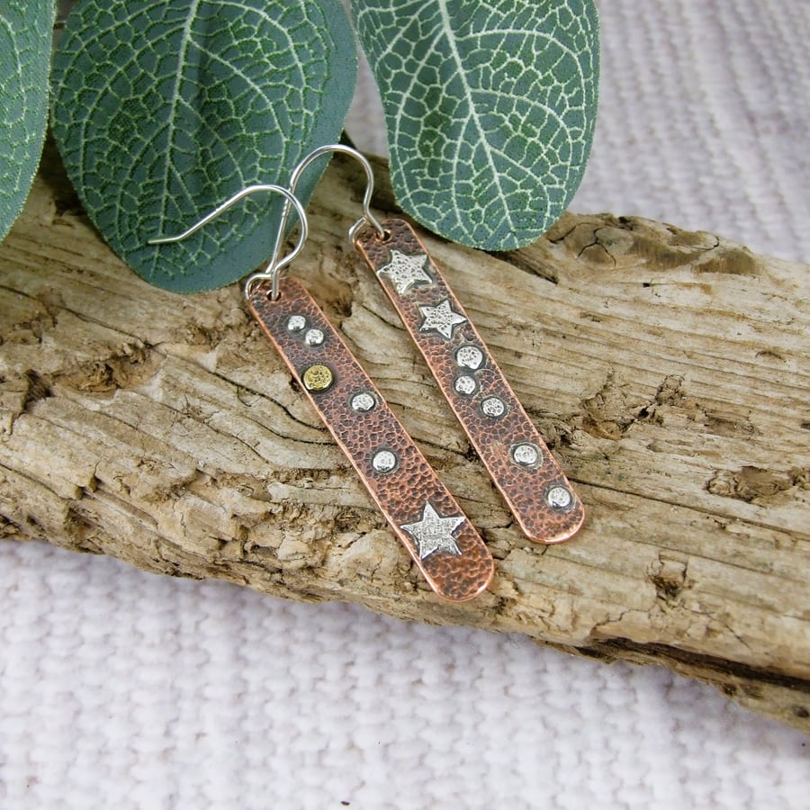 Earrings, Sterling Silver and Copper Mismatched Star and Spots Droppers