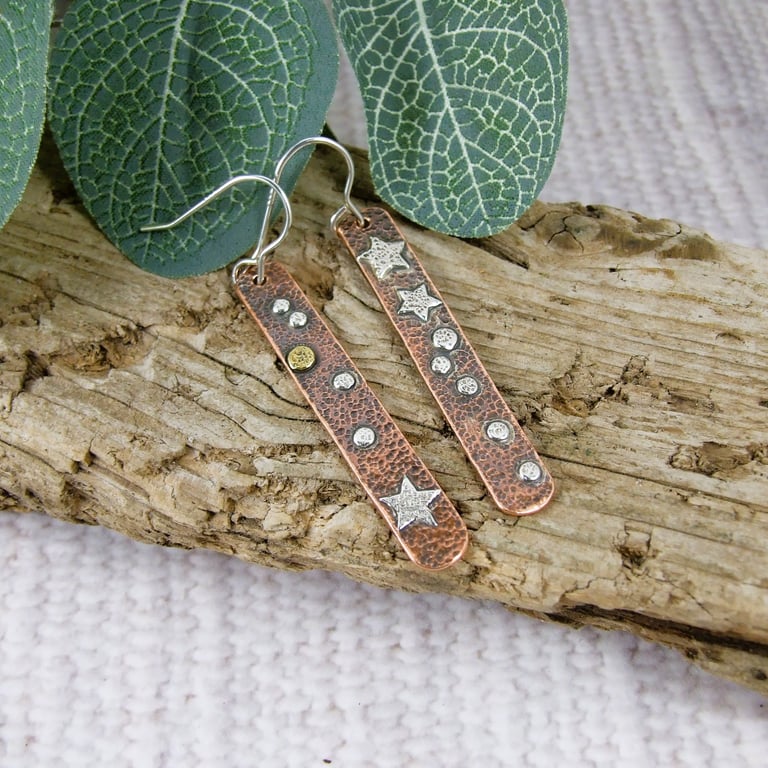 Earrings, Sterling Silver and Copper Mismatched Star and Spots Droppers