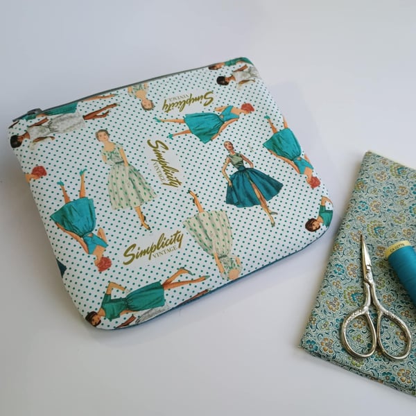 Soft zipped bag - vintage dressmaking themed pouch, blue tweed backing