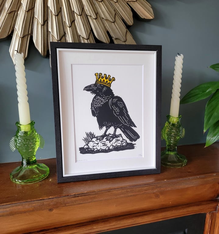 The Raven King - original handmade linocut bird art print