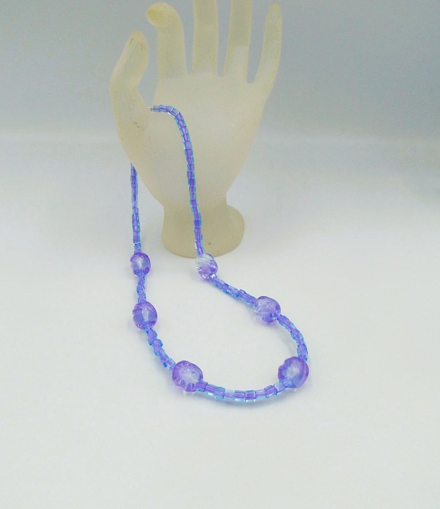 Necklace with lilac and clear twist lampwork handmade glass beads -one of a kind