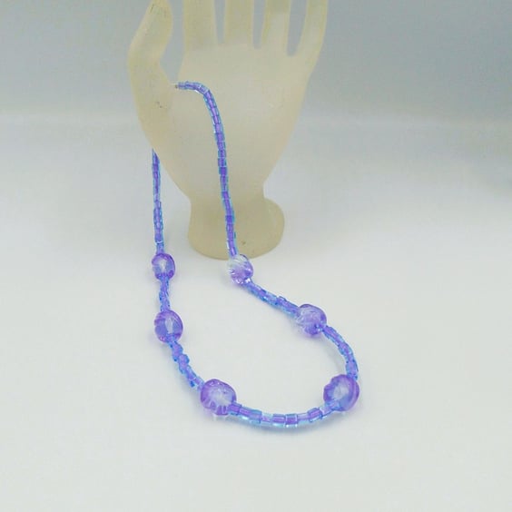 Necklace with lilac and clear twist lampwork handmade glass beads -one of a kind