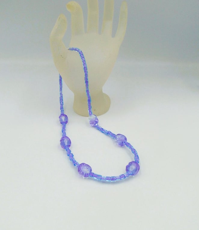 Necklace with lilac and clear twist lampwork handmade glass beads -one of a kind