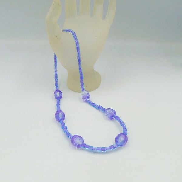 Necklace with lilac and clear twist lampwork handmade glass beads -one of a kind