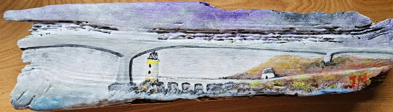 Skye Bridge painted on driftwood. 