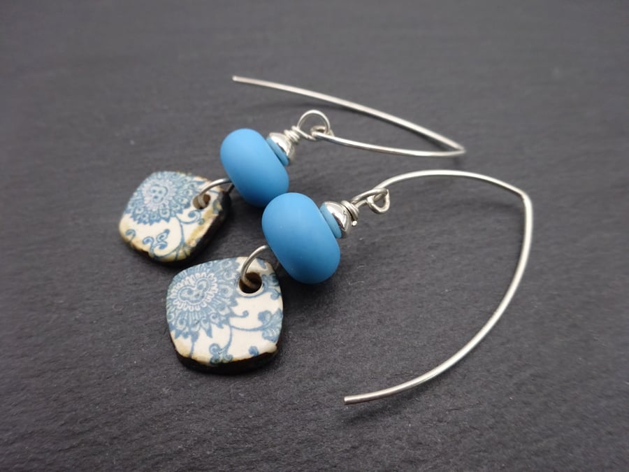 blue lampwork glass and ceramic earrings