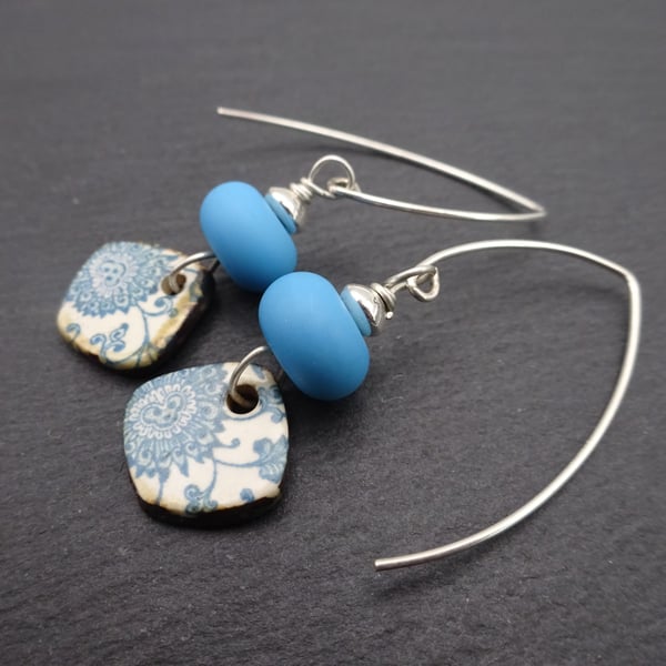 blue lampwork glass and ceramic earrings