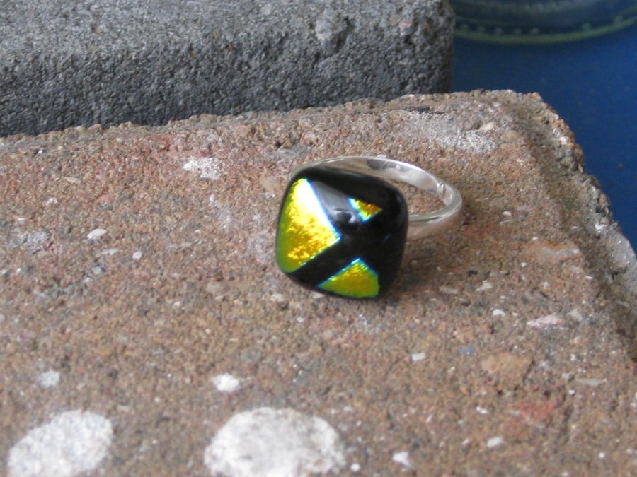 Silver Ring with Square Fused Dichroic Glass Top