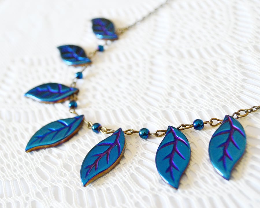 Blue Hematite Leaf Statement Necklace