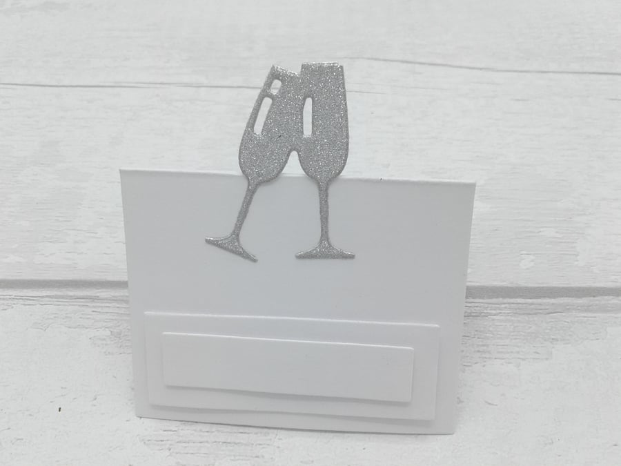 Champagne glass place cards. White and silver. Wedfing set of 10 place cards. 