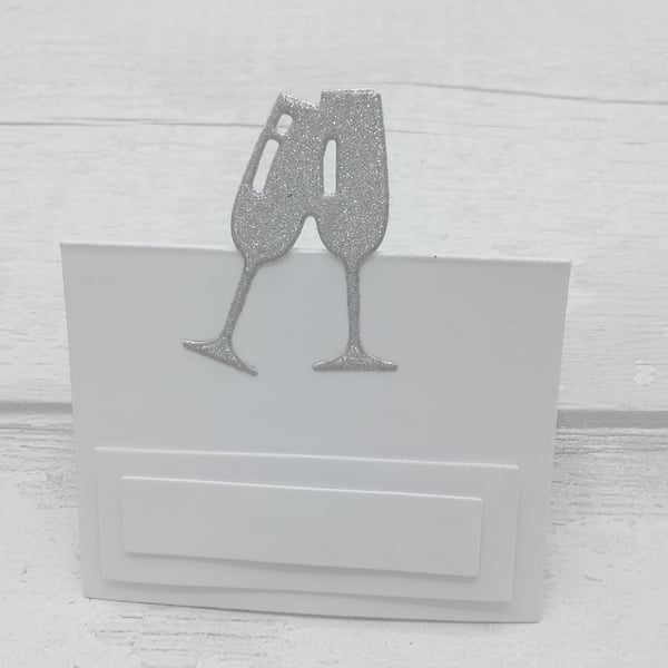 Champagne glass place cards. White and silver. Wedfing set of 10 place cards. 