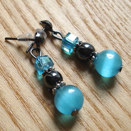 Sparkly Magnetic Hematite and Cats Eye Bead Earrings