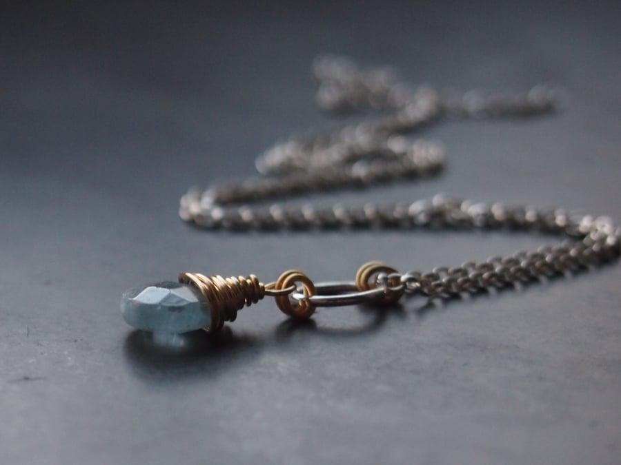 Fine Chain Silver Necklace with Aquamarine (March Birthstone)