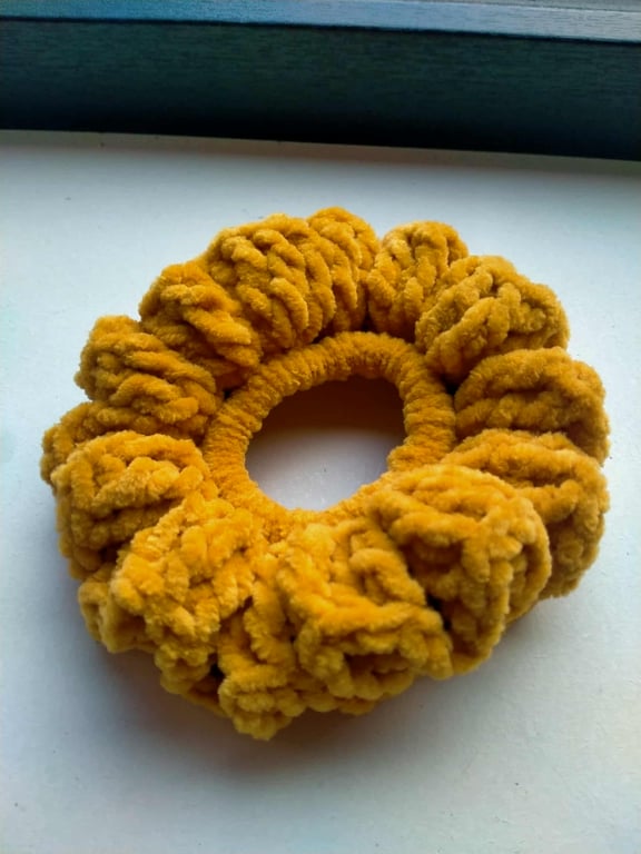 Handmade Mustard Crocheted Ruffle Scrunchie