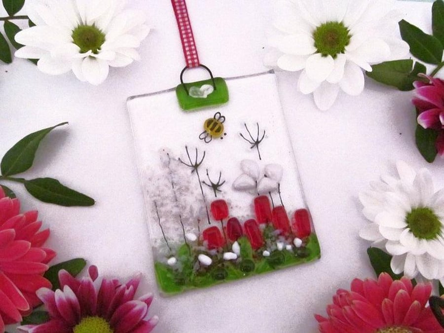 Country Meadow Fused Glass Suncatcher (Red & Pale Pink)