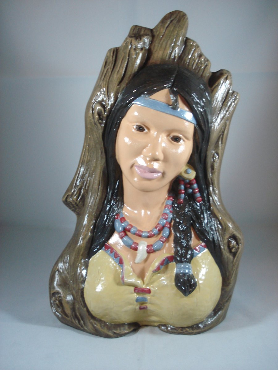 Ceramic Hand Painted Driftwood Indian Squaw Lady Girl Figurine Ornament. 