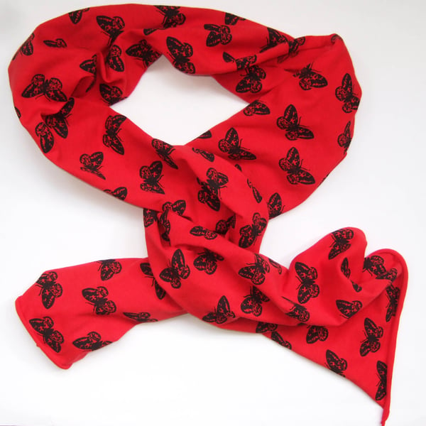 printed cotton jersey scarf moth pattern red and black-short length summer scsrf